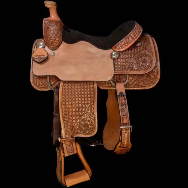 Elevate your roping style with this western horse saddle featuring a full suede padded seat and a captivating blend of basket weave and floral carving. 